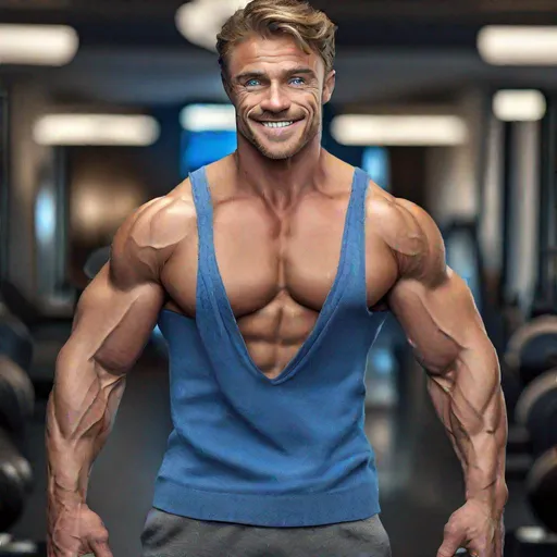 Prompt: Realistic photo, 8K, high resolution, masculine man, beautiful blue eyed man, handsome, smiling, perfect face, strong jawline, muscular body, bodybuilder, smooth muscle pecs, nice male chest, flex, atomically correct,