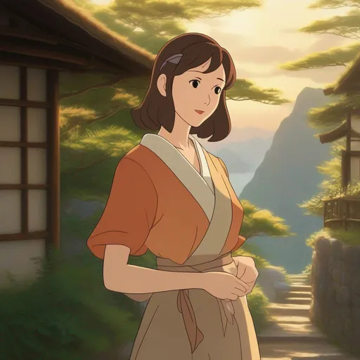 Prompt: ghibli movie character based off of Anri Sugihara, consistent lighting and mood throughout