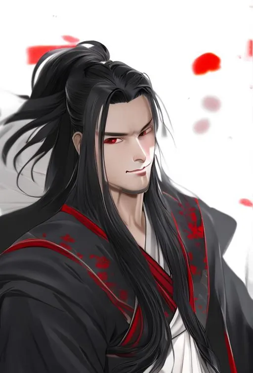 Prompt: long black haired man with red eyes kimono