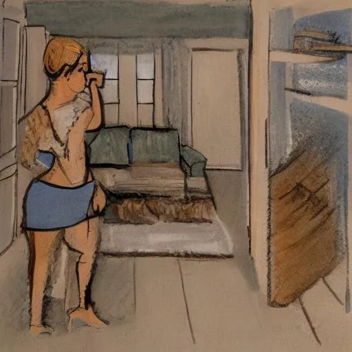 Prompt: Storyboard drawing.
Apartment interior. Depressed.
Main character is standing in the middle.