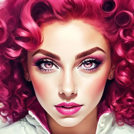 Prompt: woman with big  eyes and carmine lips, curly pink hair, lips, pink cheeks