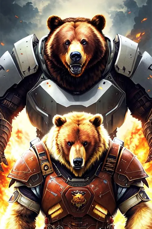 Prompt: Poster art, high-quality high-detail highly-detailed breathtaking hero ((by Aleksi Briclot and Stanley Artgerm Lau)) - ((a Bear )), angry face, open mouth raw, 8k helmet, male, highly detailed Bear helmet, carbon fibre helmet, detailed brown fur, king of the bears, detailed ivory mech suit, full body, black futuristic mech armor, wearing mech armour suit, 8k,  full form, detailed forest wilderness setting, highly detailed flame thrower, full form, epic, 8k HD, fire, sharp focus, ultra realistic clarity. Hyper realistic, Detailed face, portrait, realistic, close to perfection, more black in the armour, 
wearing blue and black cape, wearing carbon black cloak with yellow, full body, high quality cell shaded illustration, ((full body)), dynamic pose, perfect anatomy, centered, freedom, soul, Black short hair, approach to perfection, cell shading, 8k , cinematic dramatic atmosphere, watercolor painting, global illumination, detailed and intricate environment, artstation, concept art, fluid and sharp focus, volumetric lighting, cinematic lighting, 
