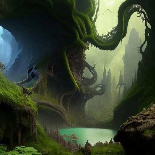 Prompt: Scenary of videogame The wicher, hyperrealistic, photorealistic, ultra-detailed, intricate details, unreal engine, octane render, bioma of scarped mountain, cavern in the montain   and amazing forest, lake of lava , 4k. A vine covered tutor in the style of alexander jansson and gediminas pranckevicius mystical, magical, bloosom, volumetric lighting.