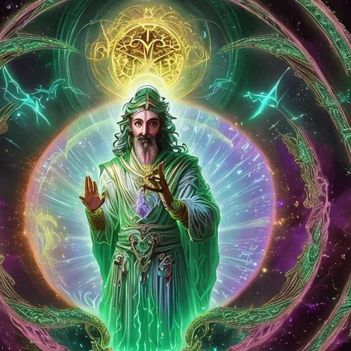 Prompt: 
In an ethereal realm, beyond the veil of reality, Hermes Trismegistus stands, cradling the luminous Emerald Tablets. This dimension, where "magical" is a mere whisper of its grandeur, pulses with vibrant energies. Arcane symbols float, illuminating ancient truths, while celestial beings dance in harmonious synchrony. The very air shimmers with iridescent hues, and the ground is a tapestry of crystalline patterns. Trees with silver leaves sing the wisdom of the ages, and rivers of liquid gold flow, echoing the principles inscribed on the tablets. Here, every element is a testament to the profound mysteries of existence.