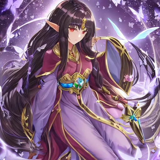 Prompt: female, cleric, half elf, long flowing hair, dark hair, shiny hair, butterfly motif, butterfly jewel, starry background, detailed hands, desna, serene face, beautiful, armor, normal ears