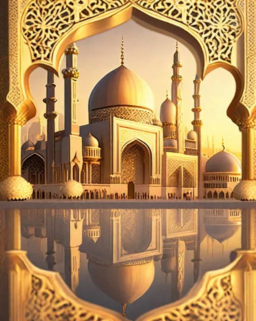 Prompt: The intricate latticework exterior of a grand mosque glows golden in the evening light. People gather at the entrance beneath soaring minarets. Wide landscape view captures modern architecture against an ancient city skyline. ,Rococo style, Rococo hairstyles, Rococo costumes, Rococo architecture, Rococo period 