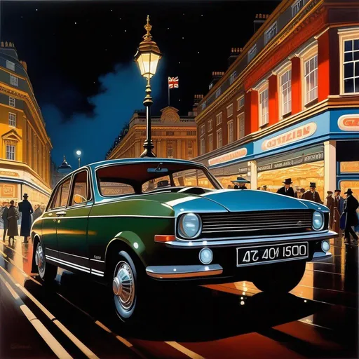 Prompt: 1970s, London at night, Picadilly Circus, car chase, warm atmosphere, cartoony style, extremely detailed painting by Greg Rutkowski and by Henry Justice Ford and by Steve Henderson