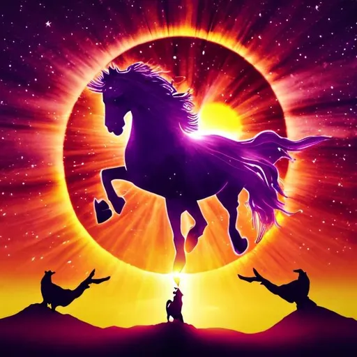 Prompt: Purple  colour sun with hands and horse running in front of sun