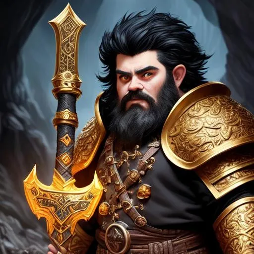 Prompt: Portrait of dwarf with black hair and with masculine face, cave, perfect composition, hyperrealistic, super detailed, 8k, high quality, trending art, trending on artstation, sharp focus, studio photo, intricate details, highly detailed, golden and black armor, holding a battle axe, flames, torso, battle stance, blue cape, blue eyes