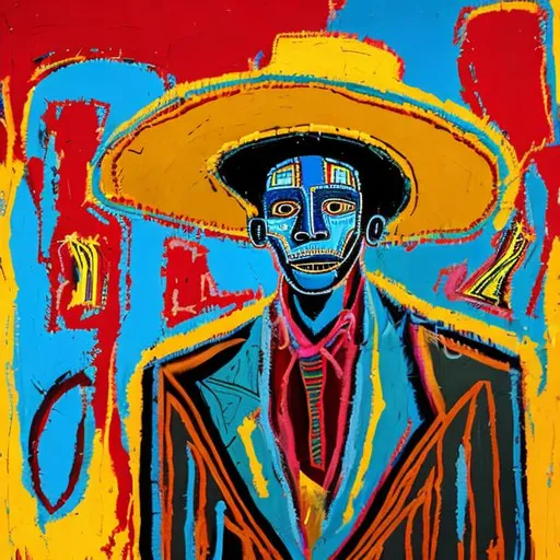 Prompt: Painting of a man in a sombrero in front of an antique adobe building in the 1930’s in Taos New Mexico in the style of  Jean-Michel Basquiat 