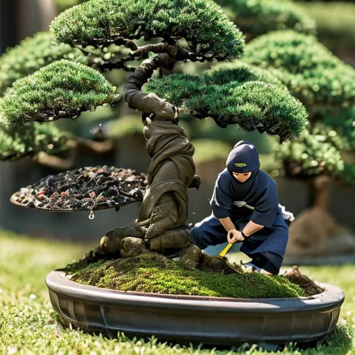 Prompt: ninjas doing yard work beside bonsai tree
