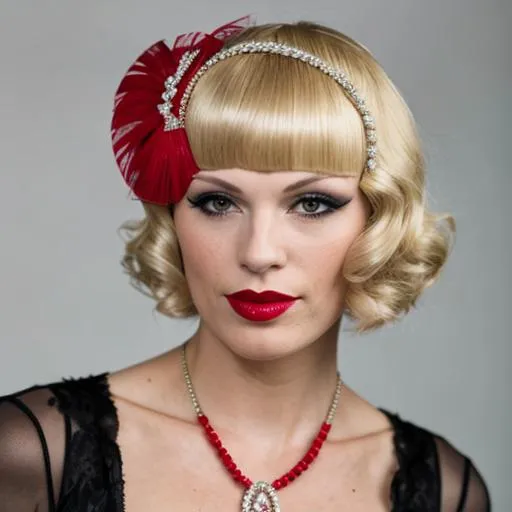 Prompt: Flapper with a  red diamond headpiece with blonde hair 