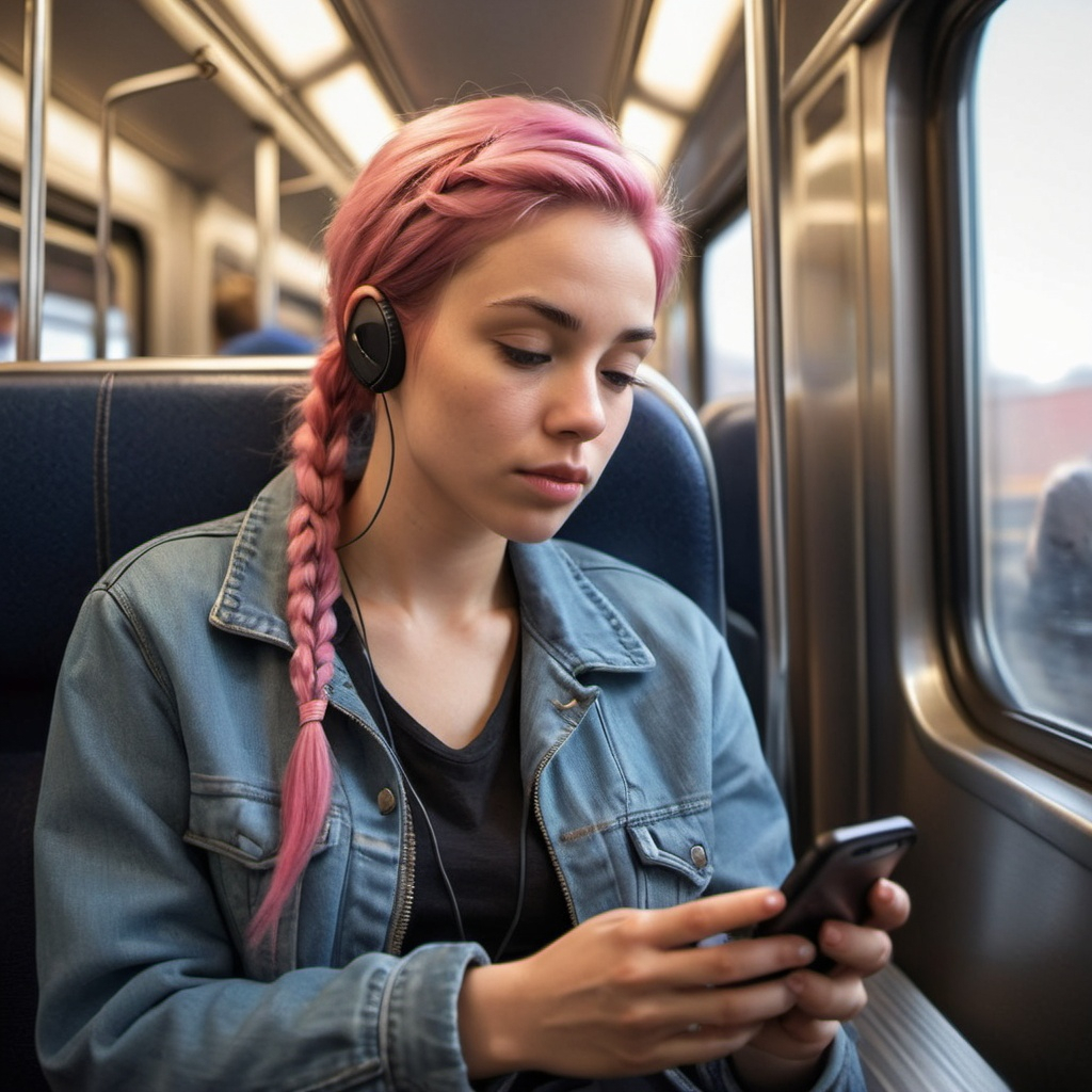 Hyperrealistic Entertainment on the GoSubject A young American woman engrossed in her smartphone 