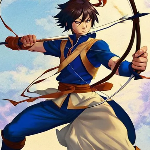 Prompt: Anime hero character fighting pose holding bow and arrow