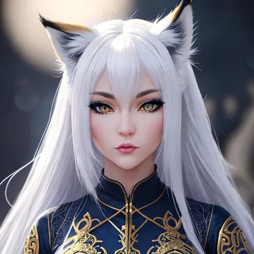 Prompt: A female neko in fighting pose, intricate facial detail, hyperrealistic full body pose, hyperrealistic ethereal, dark blue and long hair, white lynx ears, sharp jaw, hyperrealistic golden cat eyes , hyperrealistic human nose, hyperrealistic lips, ethereal, divine, hyperrealistic face, hyperrealistic pale skin, intricate eye detail, pale skin, (dark blue latex outfit), fringeless, forehead showing, highly detailed concept art, high resolution scan, hd octane render, intricate detailed, highly detailed face, unreal engine, trending on artstation, UHD, 8k, Very detailed