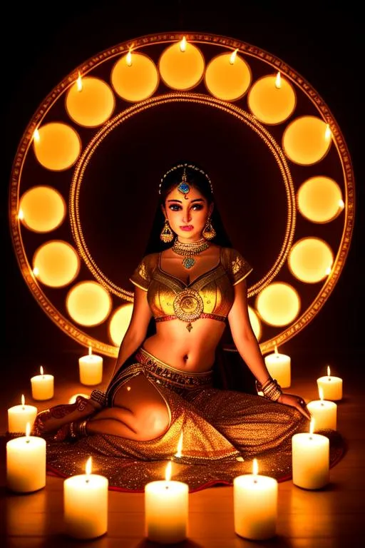 Prompt: A beautiful woman sitting on floor inside a circle of candles, wearing lehenga, candles lit, bottom lighting, symmetrical face, freckles