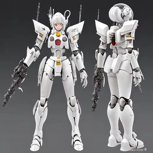 Prompt: draw me a sci-fi armored girl with an exposed human chest part and white colored armor, the right hand are mechanical arm bigger than the left arm, with a silver big booster and black wings at the girl's back. the head are Gundam head and face with a human eyes. picture style like a Gundam model line art. full body view from front and back view.