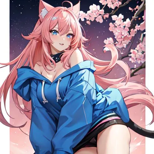 Prompt: Japan as a female human, 8k, UHD,  highly detailed, pink hair, blue eyes, cat ears, wearing a hoodie