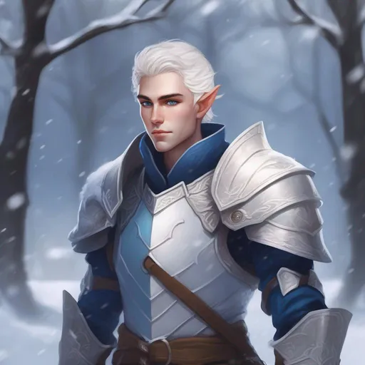 Prompt: DND a male elf with short fluffy white hair and blue eyes wearing plate armor in a snowy park