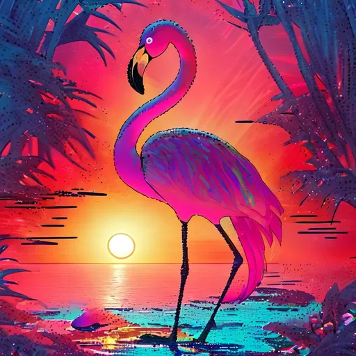 Prompt: Beautiful, Epic, Amazing, dark, 3D, HD, starry sky Beautiful {Flamingo-shape}sun, Sunset, Looking towards the ocean, freeform chaos ultra HD, digital painting,  Tropical lagoon {Palm}tree background, uber detailed, 64k, high quality, sharp focus, studio photo, intricate details, highly detailed --s98500