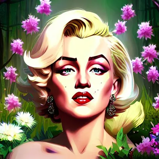 Prompt: Marilyn Monroe as a fairy goddess ,wildflowers,facial closeup