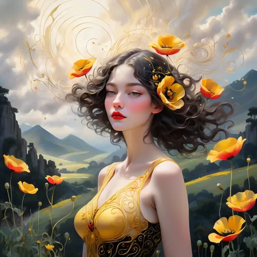 Prompt: A woman made of intricate, swirling yellow and black lines resembling a bee, with curves accentuated by delicate, golden ornamentation, and a bright, poppy-red lip color with yellow specks that adds a pop of vibrant contrast. She stands amidst a dreamy, ethereal landscape with soft, feathery clouds and rolling hills, a subtle, peachy glow emanating from the horizon. The atmosphere is filled with delicate, swooping brushstrokes reminiscent of John Singer Sargent's expressive Impressionism, intermingled with the fantastical, symbolic world-building of James Gurney's surreal landscapes, and the lush, botanical textures found in the art of Audra Auclair, digital artist. Her style is infused with the soft, abstracted environments of Ash Thorp's dreamlike futurescapes, bringing a sense of weightlessness to the scene, while maintaining a classical beauty within its ethereal forms.