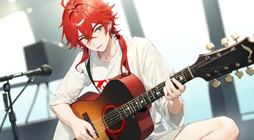 Prompt: Zerif 1male (Red side-swept hair covering his right eye) worried expression on his face, playing the guitar at a concert, UHD, 8K, highly detailed