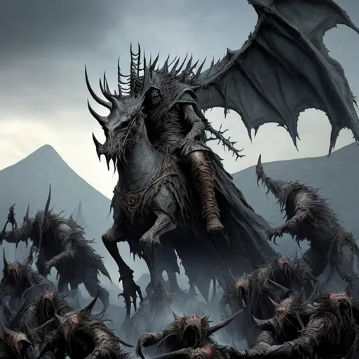 Prompt: realistic photo of dreadful Witch-king of Angmar, surrounded by Fearsomee Wargs, volcano background, 4k, highly detailed, intricate details, 