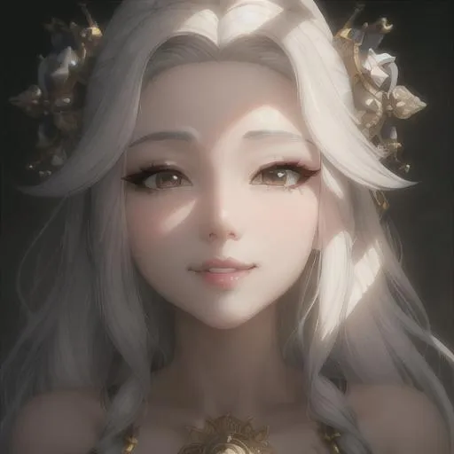 Prompt: Portrait of a Beautiful woman, kidmo face,cute, korean face, beautiful big eyes, intricate silver hair, intricate, anime vibes, sun shadow effect, white skin, smiling, perfect body, perfect eyes, uhd, super detailed, hd, 4k,8k, unreal engine 8k octane,  lighting studio, trending on artstation, oil painting, fractal, perfect composition, hyperrealistic, Digital art by greg rutkowski, unreal engine, smooth face, 