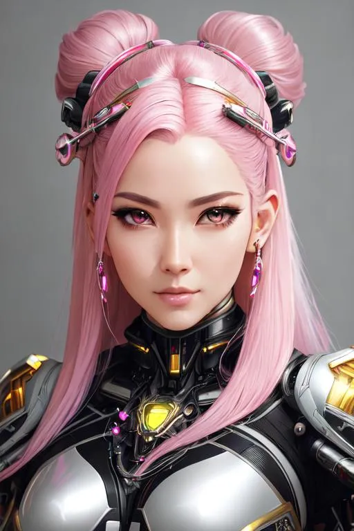 Prompt: 8k portrait of beautiful (cyborg) with pink hair, mecha musume scifi body suit, pauldrons, intricate, elegant, highly detailed, majestic, digital photography, art by artgerm and ruan jia and greg rutkowski surreal painting reflective, hairpin jewel, broken glass, (masterpiece, sidelighting, finely detailed beautiful eyes: 1.2), hdr