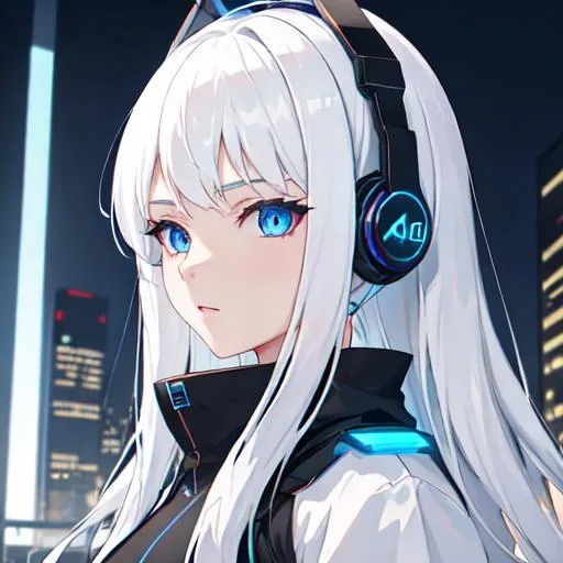 Prompt: White hair girl with blue eyes wearing black headphone on the building which is from future of Japan 4k with blue LED on two long black antennas  