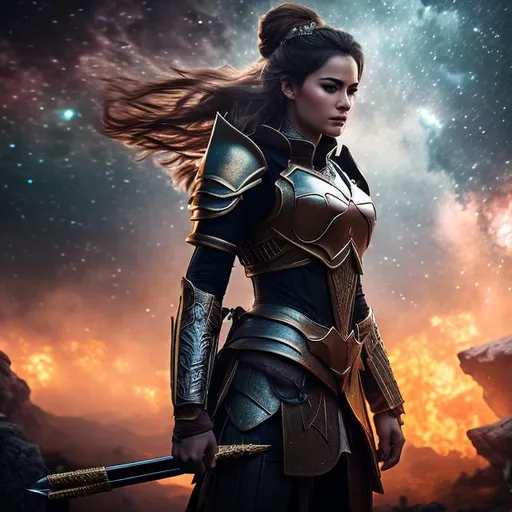 Prompt: create a photograph of beautiful fictional female with crown fighting in war, extremely, detailed environment, detailed background,planets an nebulae in sky highly detailed, intricate, detailed skin, natural colours , professionally colour graded, photorealism, 8k, moody lighting