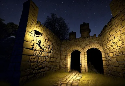 Prompt: medieval stone wall at night with entrance that has a sign above.  undead walk around 
