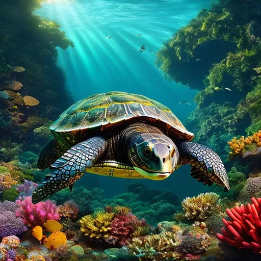 Prompt: (Wreathed) aesthetic underwater fantasy jungle scene, snapping turtle