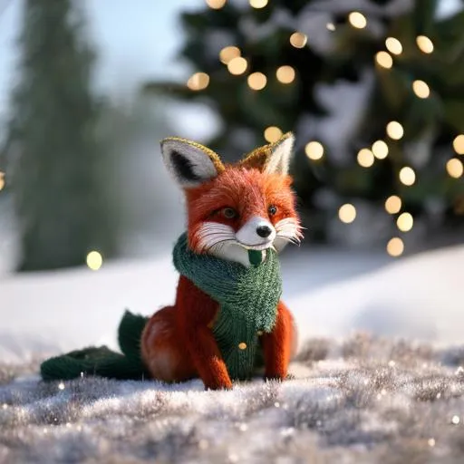 Prompt: charming red fox in a green knit sweater, winter wonderland, hot chocolate, forest green, warm, cozy vibes, string lights