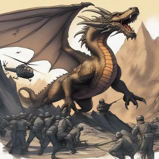 Prompt: concept art of kaiju wyvern dragon rearing up and fighting tiny army helicopters and soldiers