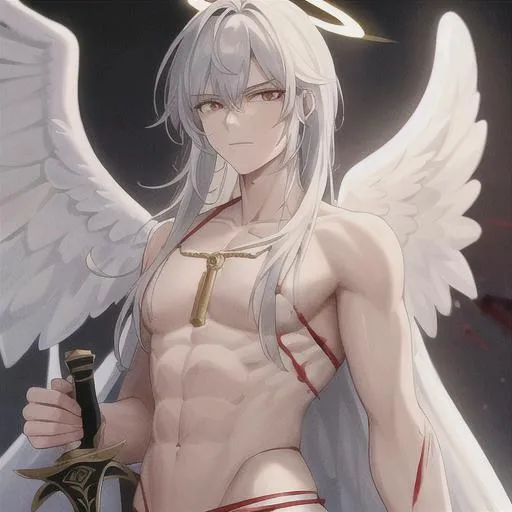 Prompt:  Tough looking male angel with wings and a halo (detailed face), wielding a holy sword, fighting, wounded, covered in blood
