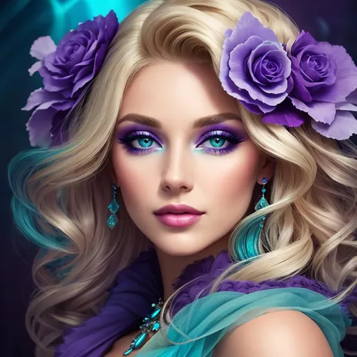 Prompt: Lady with blonde hair, colors of aqua and purple, stylish makeup, soft light,  fantasy