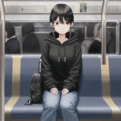 Prompt: girl with black hoodie black hair on the subway, baggy jeans, sitting on the metro, looking into the camera, long shot, full body, front view