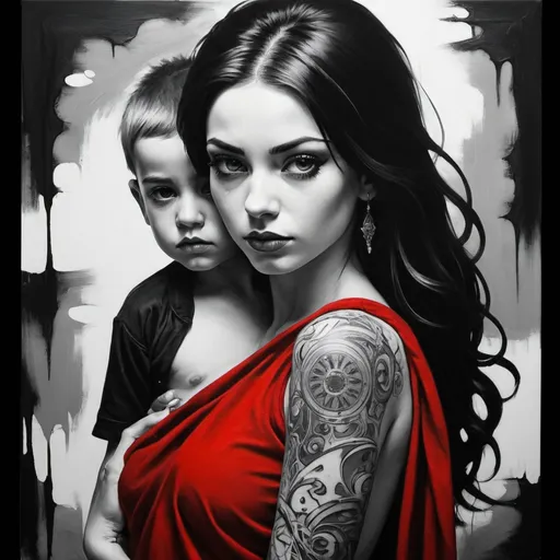 Prompt: A stark black and white abstract painting emphasizing contrast. tattoo girl in wearing red Sharee with kid  