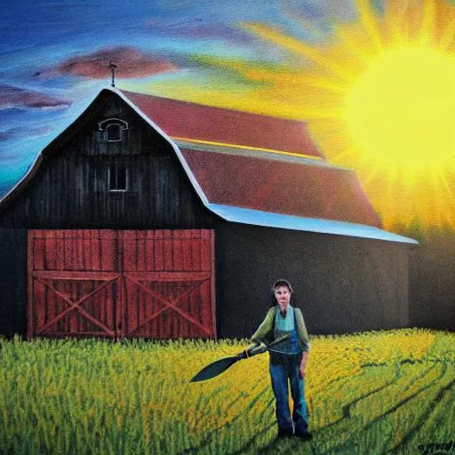 Prompt: a young farmer,  standing in front of the barn, with a scythe, the sun is rising behind the barn, next to wheat field, acrylic