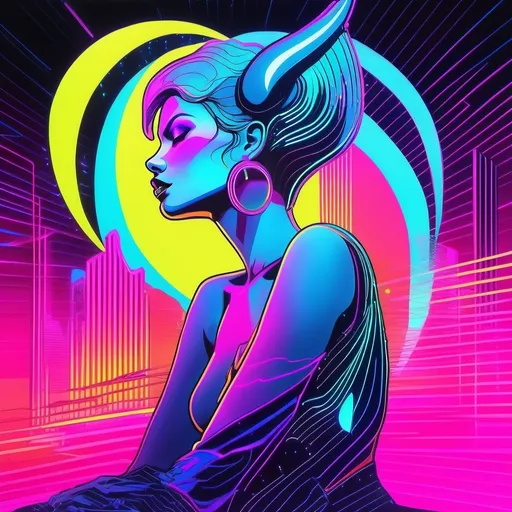 Prompt: a beautiful female demon in a dynamic pose in a retro futuristic synthwave neon paradise.  neon lighting, high quality, beautiful, masterpiece, artistic, synthwave, cyber, retro, futuristic