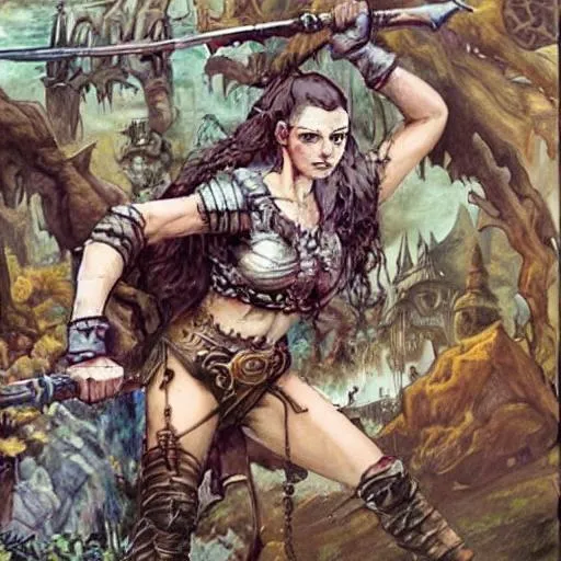 Prompt: D&D, fantasy, portrait, highly detailed, oil painting, in the style of Frank, Frazetta or Luis Royo ,1600s, woman, 25, forest, fighting stance, cute face, ax on back, long black hair, blue eyes, vivid eyes, leathers armor, dark purple, hide, bronze