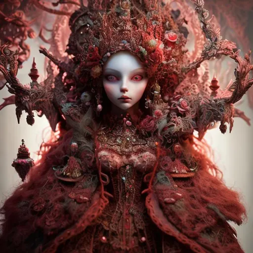 Prompt: needle-felted queen, red, intricate details, insane details, volumetric lighting