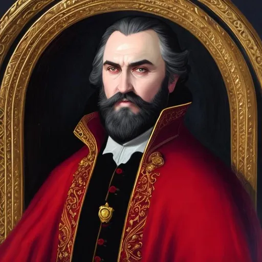 Prompt: Noble vampire count, middle aged, beard, portrait