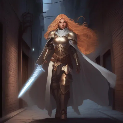 Prompt: dnd a a female aasimar with long strawberry blonde hair wearing full plate armor and a long cape with glowing white eyes in a dark alley way