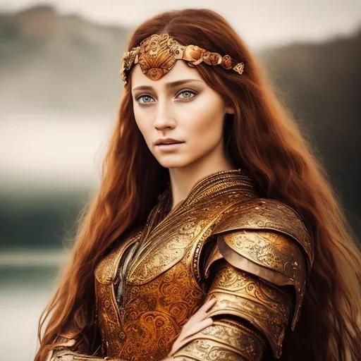 Prompt: Beautiful female warrior, long coppery brown hair and amber eyes. Female warrior wearing an armour. Face beautiful simmetrical,  realistic, soft features of the face, wearing a headband. Happy serene facial expression