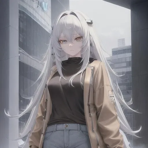 Prompt: A robot girl that is made to look like a human. She has human proportions, and even synthetic flesh. She has unnaturally white hair of medium length. One of her eyes is an unnatural pale blue. Her other eye was destroyed and replaced with a brown eye. She wears casual clothes, a comfy brown jacket, a white top and baggy trousers.