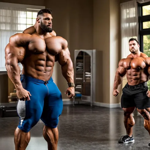 Prompt: A giant muscular oversized bodybuilder fills the room with his bulk, dwarfing the other men 