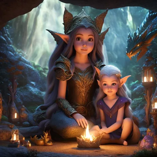 Prompt: Elven girl sitting in the cave, child body, child face, long elven ears with the majestic dragon by her side, facing the camera, Elven girl (age 7) in the cave, beautiful dragon next to her, front view, dragon next to elven girl, beautiful elven girl, child body, (age 7), dragon by her side, great dragon, girl in the cave (age 7) with dragon next to her. The scene is captured with a Sony A7R IV mirrorless camera using a Zeiss Batis 40mm f/2 CF lens. The camera settings are carefully chosen to balance the dark scene with the sharpness and clarity of the image, with an aperture of f/4, ISO 400, and a shutter speed of 1/200 sec. The image is a captivating work of photographic art, skillfully capturing the perfect balance of form and function in a futuristic setting  --ar 3:2 --q 2 --v 5.1